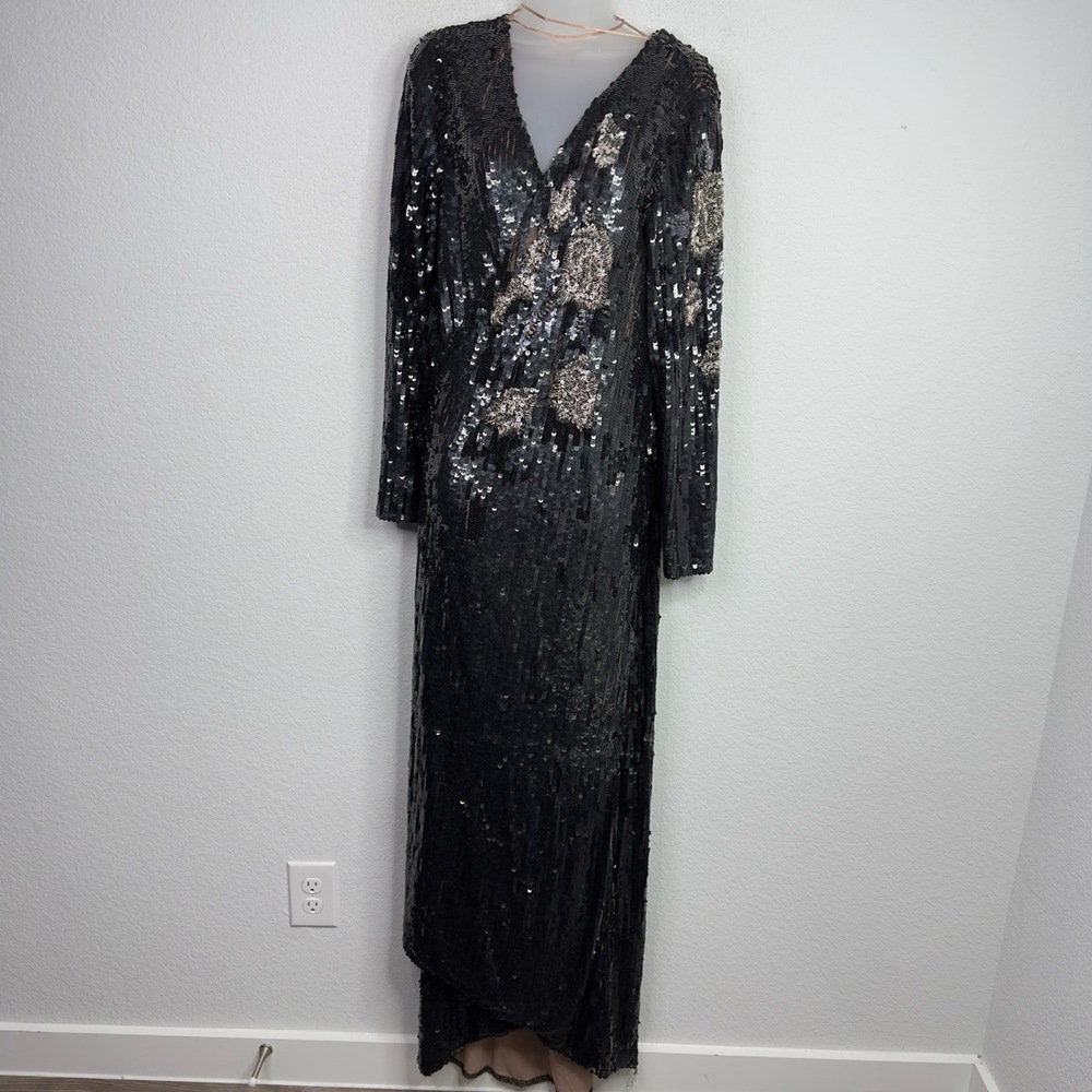 Alberto Makali Dress Women L Black Sequined‎ Embellished Wrap Formal Glam Luxury